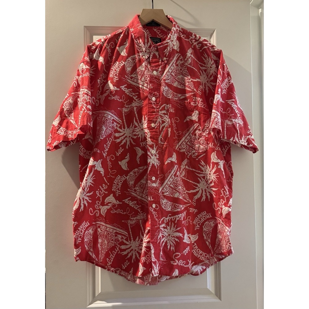 Chaps Ralph Lauren Tropical Marine Hawaiian Camp Shirt Red White Cotton Mens L